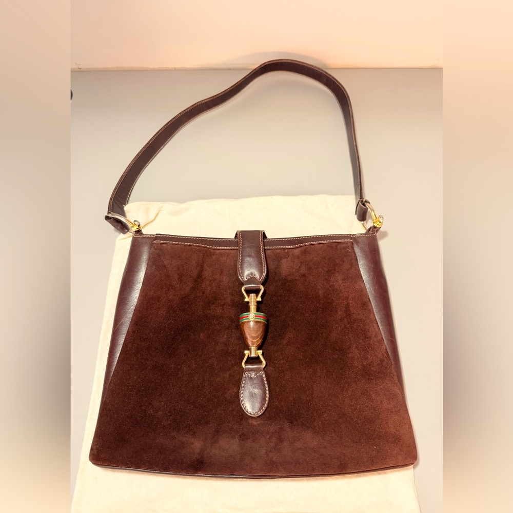 Vintage Gucci Jackie Shoulder Bag Brown Suede Leather Piston Lock Hobo Italy